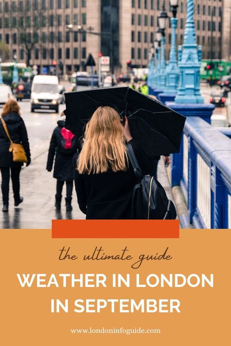 A woman holding an umbrella in the rain in London. What To Wear To London, What To Pack For London, London In September, September Travel, London Clothes, Fashion In London, London Weather, London Holiday, Visiting London