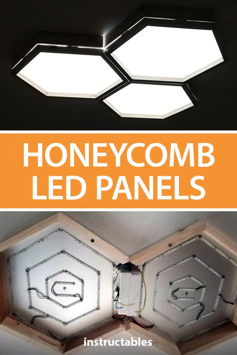 Use LED strips to make wooden honeycomb shaped LED ceiling panels. #Instructables #electronics #technology #lighting #LEDs #workshop #woodworking #home #decor Creative Led Lighting Ideas, Diy Led Lamp Ideas, Led Diy Projects, Diy Ceiling Lamp, Diy Ceiling Light, Ceiling Led Lights, Wooden Honeycomb, Diy Led Lighting Ideas, Led Light Projects