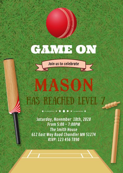 Sports Event Invitation, Cricket Event Poster, Cricket Birthday Invitations, Cricket Party Invitations, Cricket Theme Birthday Invitation Card, Cricket Theme Birthday Invite, Cricket Cards Ideas, Cricket Invitation Card, Cricket Birthday Party Ideas