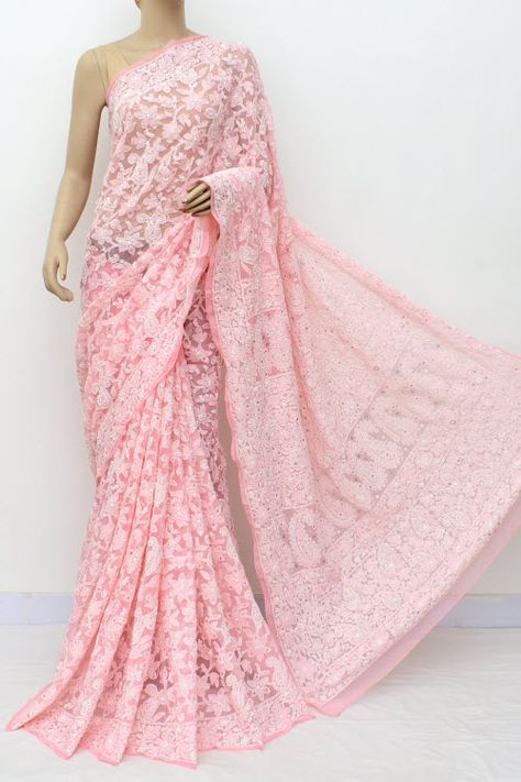 Peach Hand Embroidered Lucknowi Chikankari Saree with Allover Mukaish (Georgette-With Blouse) 14959 Lucknowi Chikankari Saree, Net Sarees, Chicken Kari, Mukaish Work, Chikankari Saree, Lucknowi Chikankari, Indian Saree Blouse, Cotton Sari, Indian Saree Blouses Designs