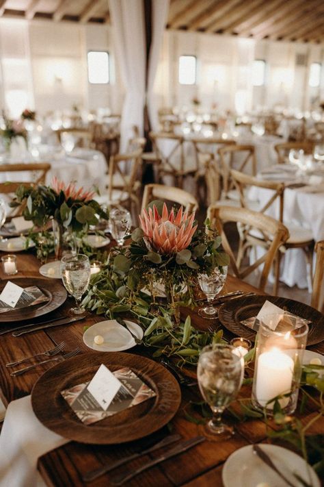 Abigail and Jeremy's Indiana wedding was inspired by the Protea- Abigail's favorite flower.  Photo: @sarahkriner Protea Wedding Table Decor, Protea Wedding, Safari Wedding, Pronovias Bridal, Wedding Post, Pronovias Wedding Dress, White Willow, Wedding Table Flowers, Indiana Wedding