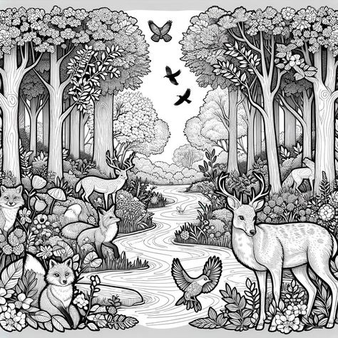 Discover the beauty and tranquility of nature with our collection of black and white line illustrations featuring serene forest scenes. Each page showcases a variety of wildlife, including deer, foxes, and birds, surrounded by lush trees, blooming flowers, and flowing streams. These slightly detailed designs capture the essence of a peaceful forest, providing an engaging and relaxing coloring experience for enthusiasts of all ages. Fairy Forest Coloring Pages, Forest Drawing With Animals, Lake Coloring Pages, Woodland Coloring Pages, Forest Animals Drawing, Wildlife Coloring Pages, Forest Mandala, Birds Coloring Pages, Jungle Drawing