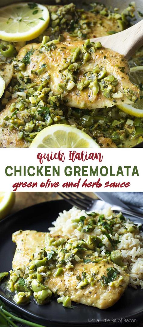 You'll love this simple Italian recipe for chicken with green olives! Flour coated chicken breast is pan fried and then served with a gremolata sauce made from orange and lemon zest, green olives, and chopped parsley. | justalittlebitofbacon.com #italianrecipes #chickenrecipes #chickenbreast #easydinner #italian #chicken Chicken And Green Olives, Green Olive Chicken, Chicken With Green Olives, Chicken Green Olives Recipe, Recipes Using Green Olives, Recipes With Green Olives, Green Olives Recipes, Green Olive Recipes, Olive Gremolata