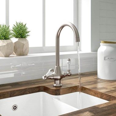 Traditional Kitchen Taps | Old Fashioned & Victorian | Tap Warehouse White Ceramic Kitchen Sink, Tap Cleaner, Rose Kitchen, Small Kitchen Sink, Ceramic Kitchen Sinks, Brushed Nickel Kitchen, The Butler, Shower Fittings, Sink Mixer Taps