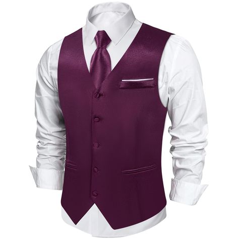 PRICES MAY VARY. 【Satin Waistcoat-Design】Men's suit vest main fabric composition is Satin and Polyester, V-neck design, 2 straight pockets, 1 decorative left chest pocket, 5 buttons, adjustable back strap. High abrasion resistance, lightweight, wrinkle-resistant and stiff, comfortable and wrinkle-resistant, breathable. 【Men's Suit Vests-Size Tips】To avoid you get the wrong suit vest. Please be sure to carefully refer to the clothing size chart in the picture before you buy. Dry-cleanable and han Long Sleeve Dress Shirt Men, Purple Waistcoat, Hot Pink Accessories, Business Vest, Bright Blue Dresses, Luxury Purple, Vest Suit, Mens Suit Vest, Dress Vest