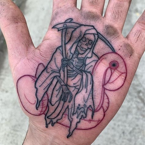 Grim Reaper Tattoos, Hand Palm Tattoos, Palm Tattoo, Tattoos Hand, Sketch Style Tattoos, Grim Reaper Tattoo, Tattoos Simple, Reaper Tattoo, Skull Sleeve Tattoos