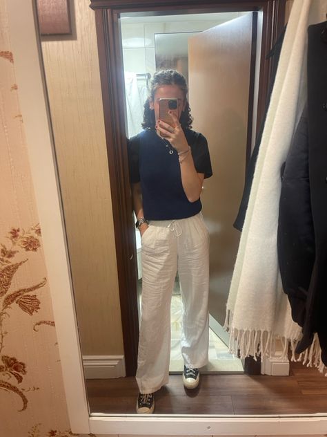 Spring outfit inspo! White linen trousers with blue tank jumper and black t-shirt White Linen Trousers, Linen Trousers, Black T Shirt, White Linen, Spring Outfit, Black Tshirt, Jumper, Trousers, Outfit Inspo