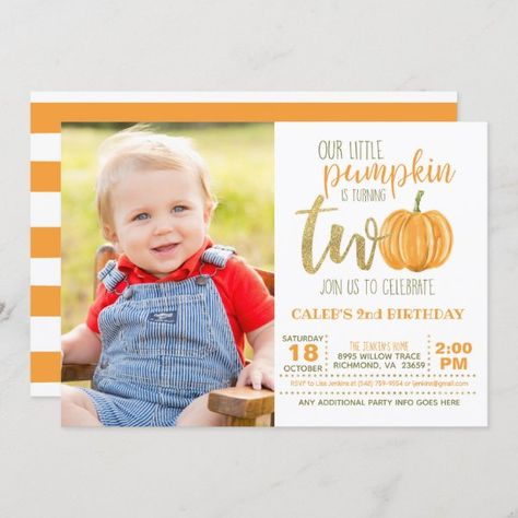 Pumpkin 2nd Birthday Invitation w/Photo Pumpkin Invitation, Pumpkin First Birthday, Halloween Birthday Invitations, 21st Birthday Invitations, 60th Birthday Invitations, Pumpkin Birthday, Mermaid Birthday Invitations, 30th Birthday Invitations, 50th Birthday Invitations