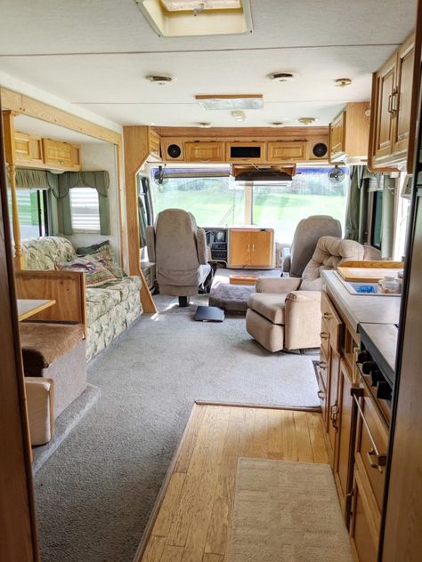 Our 1990's Class A RV Renovation Progress Report Winnebago Remodel, Kombi Trailer, Motorhome Remodel, Rv Decorating, Rv Redo, Motorhome Interior, Rv Interior Remodel, Rv Renovation, Class A Rv