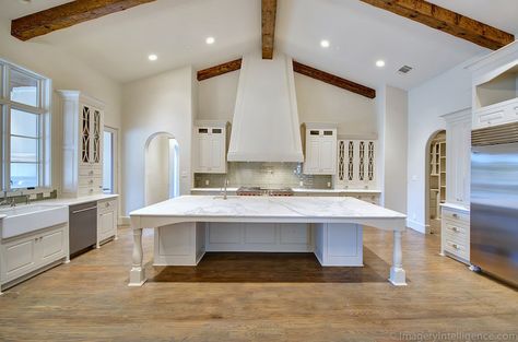 Hood Fans, Beam Ideas, Georgiana Design, Ivory Kitchen, Vaulted Ceiling Kitchen, Hardware Ideas, Island Hood, Mediterranean Kitchen, Sink Ideas