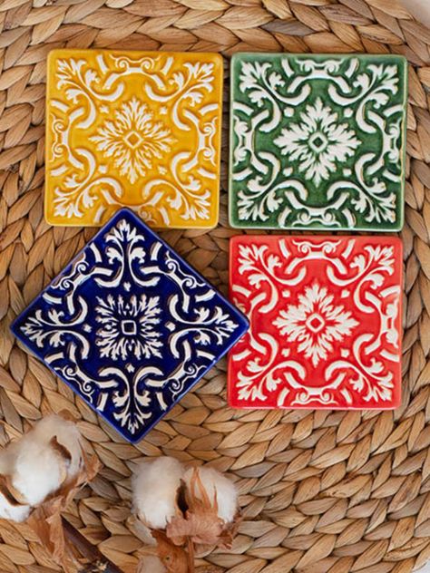 Enhance your decor with our Hand-Painted Ceramic Coasters Azulejo – Set of 2. Crafted by skilled artisans, these coasters celebrate tradition and artistry. Choose from a range of colors. Each piece is a work of art for your home. Shop Now! Cute Coasters Tile, Embossed Tile, Painted Coasters, Coaster Ceramic, Types Of Glassware, Indian Theme, Cute Coasters, Portuguese Tiles, Square Coasters