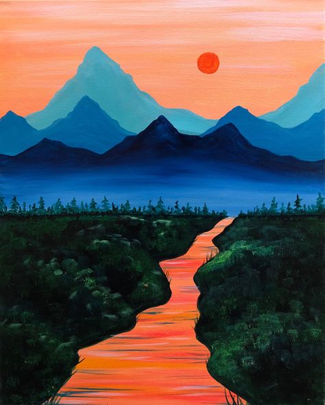 Landscape Design Paintings Easy, Pretty Sunsets Paintings, Painting Ideas On Canvas Mountains Sunset, Sunset Mountains Drawing, Paint And Sip Landscape, Beautiful Landscapes To Draw, River Canvas Painting, Mountain With Sunset Painting, Fun Paint And Sip Ideas