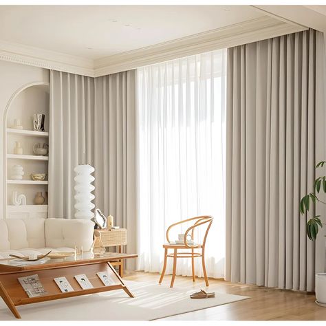 Hokku Designs High-Temperature Set Blackout Curtains - Luxurious, Modern, And Minimalist For Living Room And Bedroom | Wayfair Bedroom Window Design Ideas, Scandinavian Living Room Curtains, Large Window With Curtains, Curtains Wide Windows, Modern Home Curtains, Curtains Room Bedroom, Track Curtains Living Room, Curtains Design Living Room, High Curtains Bedroom