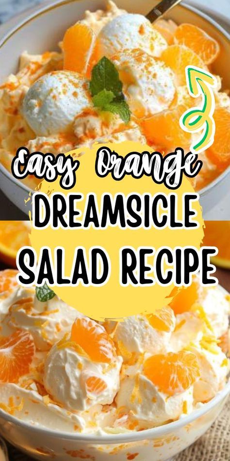 Easy Orange Dreamsicle Salad – a refreshing and creamy dessert salad that captures the essence of summertime bliss. Imagine tangy orange gelatin melding with creamy vanilla pudding, dotted with juicy mandarin oranges, and topped with a cloud of whipped cream. This delightful treat is reminiscent Orange Dream Cycle Salad, Dreamcycle Salad, Orange Dreamsicle Salad, Dreamsicle Salad Recipe, Jello Fluff, Dreamsicle Salad, Fluff Recipes, Pineapple Dream, Fluff Salad Recipes