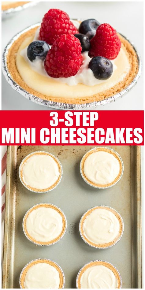 3-Step Mini Cheesecakes are simple, quick, delicious and great for serving at a party. Each mini cheesecake can be topped with your favorite fruit or topping! | www.persnicketyplates.com #easyrecipes #dessert #cheesecake #dessertrecipes 3 Step Dessert Recipes, How To Make Mini Cheesecakes, Mini Cheesecake Recipes Easy, Keebler Cheesecake Recipe, Quick And Easy Cheesecake, Simple Cheesecake Recipe, Easy Mini Cheesecakes, Mini Cheesecakes Easy, Dessert Cheesecake