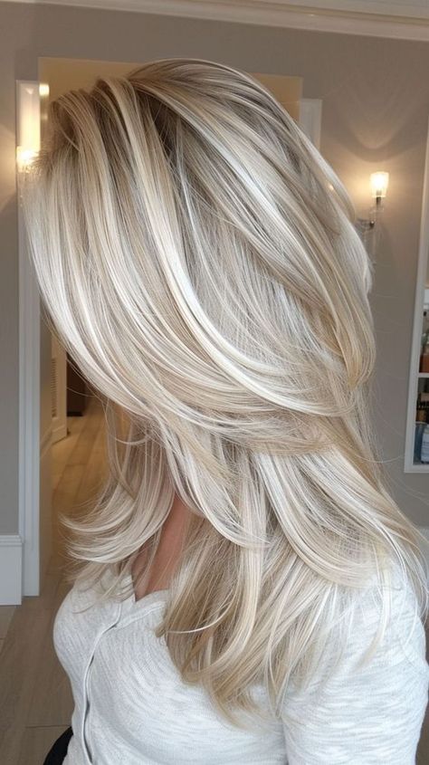 Channel your inner edginess with these 25 medium to long length layered hairstyles that make a statement. Med Length Blonde Hair With Layers, Long Heavily Layered Hair, Medium Long Layers Haircut, Medium Long Blonde Haircut, Platinum Layered Hair, All Over Highlights Blonde, Long Layers Blonde Highlights, Blonde Medium Length Hair With Layers Straight, Long Layered Hair With Long Bangs