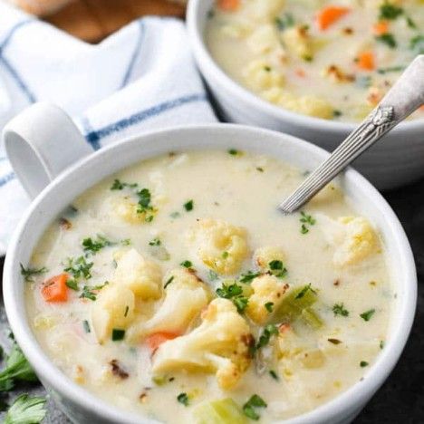 Cream Of Cauliflower Soup Recipe, Cream Of Cauliflower Soup, Easy Cauliflower Soup, Cream Of Cauliflower, Cauliflower Soup Recipe, Light Cooking, Winter Stews, Creamy Cauliflower Soup, Roasted Cauliflower Soup