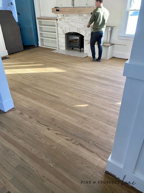 The Stain We Chose for Our Red Oak Floors - Part 3 - Pine and Prospect Home Red Oak Hardwood Floors Stains, Red Oak Wood Floors, Hardwood Floor Stain Colors, Oak Floor Stains, Pine And Prospect Home, Pine And Prospect, Floor Stain Colors, Staining Wood Floors, Wood Floor Stain Colors