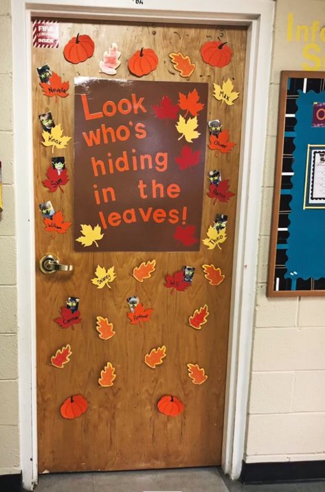 Look Who's Hiding In The Leaves Door, Leaf Door Decorations Classroom, Fall Church Bulletin Boards, Fall Classroom Door, Infant Curriculum, Fall Leaf Decor, Fall Classroom, School Door Decorations, Classroom Doors