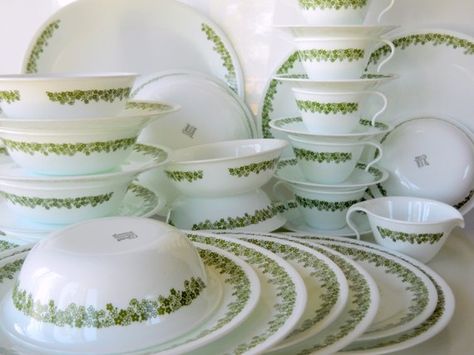 SALE    Vintage Corelle Spring Blossom Green by BlueHouseVintage Corelle Dinnerware Set Vintage, Vintage Corelle Patterns, Corningware Vintage Patterns, Crazy Daisy Pyrex, Vintage China Patterns, Corningware Vintage, Corelle Patterns, Corelle Dishes, Pyrex Dishes