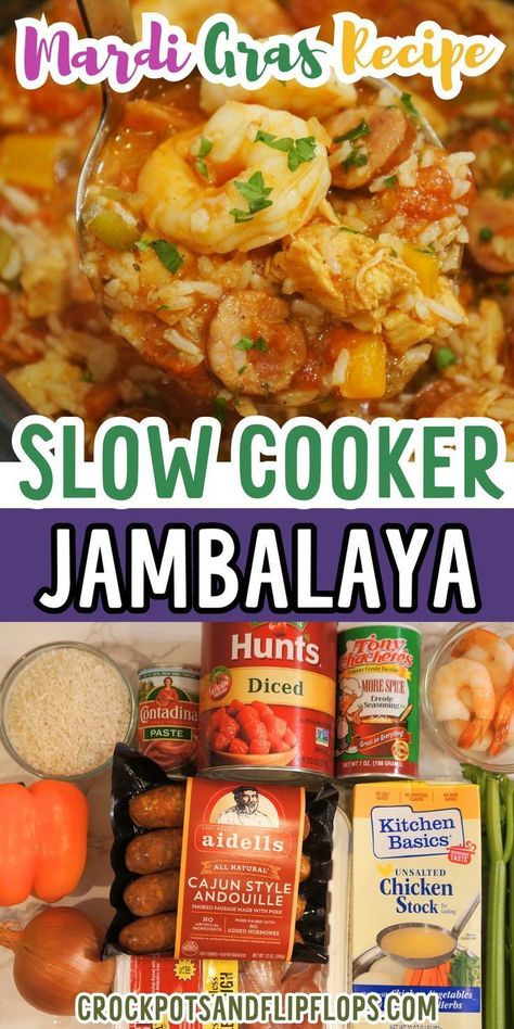 Gluten-free Jambalaya is a classic, one-pot dish filled with chicken, sausage, shrimp, and rice! You can make this delicious slow cooker Jambalaya recipe in your crockpot. Bring a little taste of New Orleans to your dinner table! It's so delicious. Gluten Free Jambalaya, Jambalaya Recipe Slow Cooker, Jambalaya Crockpot, Slow Cooker Jambalaya Recipe, Jambalaya Recipe Crockpot, Gumbo Recipe Crockpot, Shrimp Jambalaya Recipe, Slow Cooker Jambalaya, Sausage Shrimp