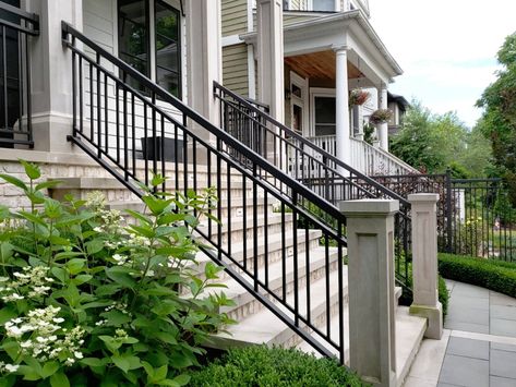 Wrought Iron Railings • Exterior Porch Railings — Iron Works•Fences•Iron Railings•Repairs Wrought Iron Front Porch Railing, Wrought Iron Railing Exterior Porch, Iron Railings Outdoor Front Porches, Iron Railings Outdoor Balconies, Front Stairs Ideas Exterior, Wrought Iron Railing Exterior, Wrought Iron Porch Railings, Front Portico, Iron Railings Outdoor