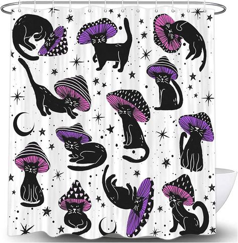 White Restroom, Cat Mushroom, Bathroom Unique, Funny Mushroom, Aesthetic Kids, Cat Shower Curtain, Bathroom Aesthetic, Restroom Decor, 80s Aesthetic