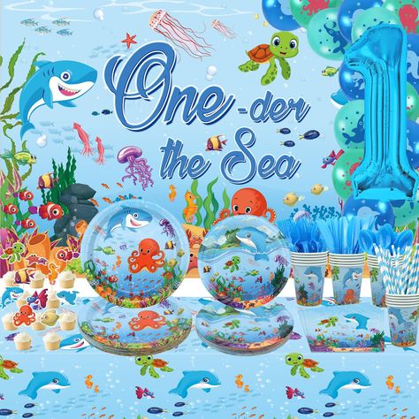 PRICES MAY VARY. First Trip Travel Underwater World Birthday Decorations: You will get 1PC blue ocean party HAPPY BIRTHDAY backdrop + 10PCS underwater animal toppers + 18PCS fish pattern latex balloons + 20PCS 9"dinner plates +20PCS 7" dessert plates + 20PCS 9oz paper cups + 20PCS napkins + 20PCS straws + 20 set blue forks & knives & spoons + 1PC ocean sea life table cover + 1PC 40 inch large blue number 1 balloon, 2PCS ribbons will be perfect to decorate your party. High Quality: Plates are mad Wonder The Sea First Birthday, One Der The Sea First Birthday, Oneder The Sea 1st Birthday Boy, Baby Einstein Party, Oneder The Sea 1st Birthday, Oneder The Sea Birthday, Under The Sea Party Decorations, Sea Party Decorations, Oneder The Sea