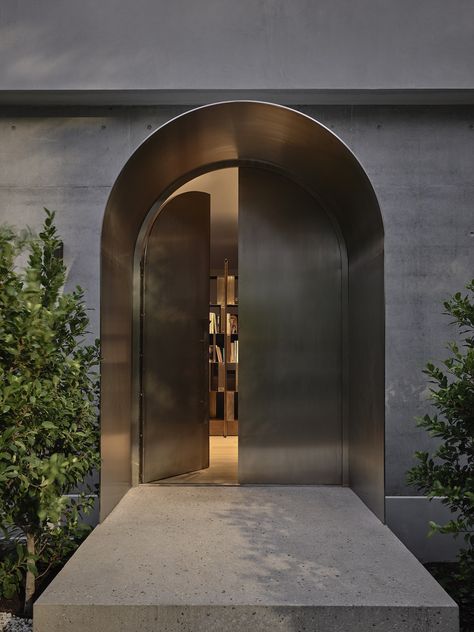 Front Door Options, Metal Front Door, Arched Doors, Australian Architecture, Front Door Design, Metal Door, Facade Design, Entrance Doors, Steel Doors