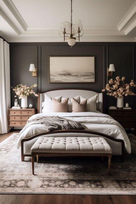 Gray White And Black Bedroom, Bedroom Inspirations With Carpet, Inviting Guest Bedroom, Master Bedrooms Modern Cozy, Modern Guest Room Design, Master Bedrooms With Slanted Ceilings, Dark Flooring Bedroom, Master Bedrooms Black And White, Classic Primary Bedroom