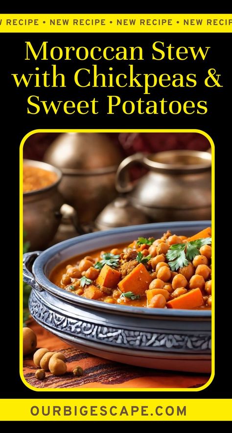 Moroccan Chickpeas And Sweet Potato Stew Recipe Morrocan Stew, Moroccan Chickpeas, Chickpeas And Sweet Potatoes, Moroccan Vegetable Stew, Moroccan Chickpea Stew, Veg Stew, Moroccan Seasoning, Moroccan Stew, Sweet Potato Stew