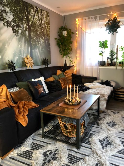 Boho Living Room Black Sofa, Modern Cozy African Decor, Black And Boho Living Room, Boho Living Room With Black Sofa, Black Sectional Boho Living Room, Black Boho Interior, Male Boho Living Room, Boho Black Couch, Black Boho Living Room Decor