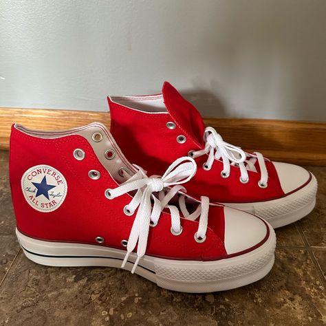 Red Platform Converse- Size 8 Women’s/ 6 Men’s, Brand New, Never Worn Or Even Tried On, Nothing Wrong With Them, Perfect Condition. Message Me With Questions!! Red Platform Converse, Converse With Dress, Converse Platforms, Cute Converse Shoes, Hoco 2024, Platform Chucks, College Clothes, Cute Converse, Das Boot