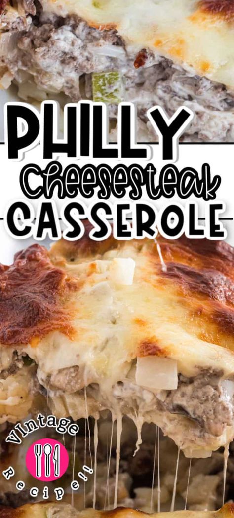 Cheesy, meaty, and filled with delicious peppers and onions, Philly Cheesesteak Casserole is a modern take on the classic Philadelphia sandwich! It's sure to be your family's new favorite dinner! #Realhousemoms #philly #cheesesteak #casserole #dinner Philly Cheesesteak Casserole With Steak, Recipes With Steakums, Philly Cheesecake Casserole, Philly Steak Casserole, Steak Casserole Recipes, Dinner Recipes Sausage, Philadelphia Sandwich, Recipes Vegetarian Dinner, Cheese Steak Casserole