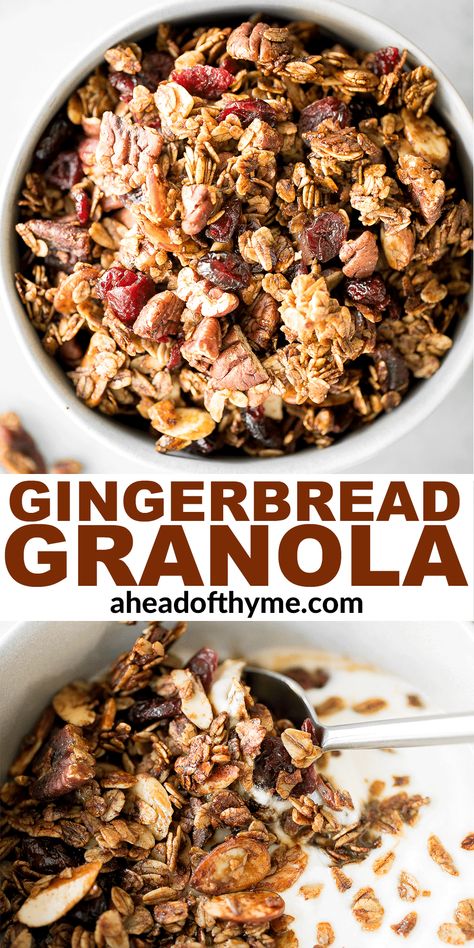 Gingerbread Granola Gingerbread Granola Recipe, Pantry Cooking, Sugar Free Granola, Gingerbread Granola, Jar Decoration, Yogurt Parfaits, Granola Recipe Healthy, Snack Mixes, Granola Recipe Homemade