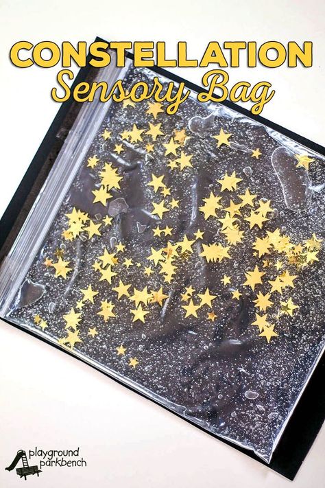 Our Preschool Study of the Stars continues with constellation-inspired sensory play. The Constellation Sensory Bag is a great way to provide hands on learning about the night sky, perfect for toddlers and preschoolers. A great fine motor skill challenge, Space Lessons, Space Preschool, Maluchy Montessori, Sensory Bag, Sensory Bags, Sistem Solar, Outer Space Theme, Space Activities, Aktivitas Montessori