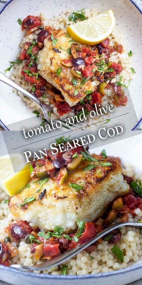 Cod Recipes Pan Seared, Pan Seared Cod In White Wine Tomato Basil Sauce, Pan Seared Mediterranean Cod In Tomato Basil Sauce, Cod With Tomatoes And Basil, Cod Tomatoes White Wine, Cod With Tomatoes, Pan Seared Cod, Cod Tomatoes Olives, Seared Cod