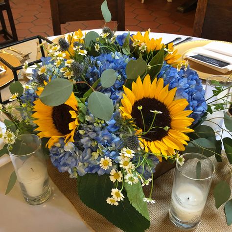 Sunflower And Hydrangea Wedding, Sunflower And Hydrangea Arrangements, Hydrangeas And Sunflowers, Hydrangea And Sunflower Centerpiece, Sunflowers And Blue Hydrangeas, Sunflower And Blue Hydrangea Bouquet, Sunflower And Blue Centerpieces, Sunflower And Hydrangea Centerpieces, Sunflower Wedding With Blue