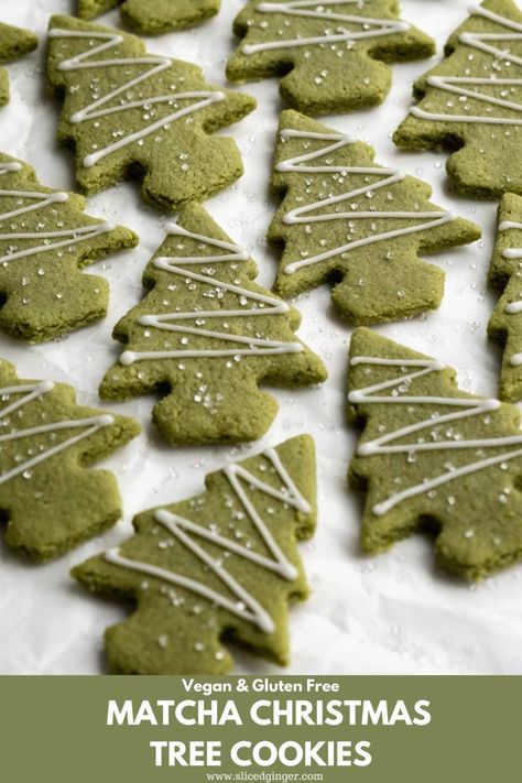 These Matcha Christmas Tree Cookies are made with almond and oat flour, sweetened with maple syrup and flavoured with deliciously earthy matcha powder. As a healthier version of conventional Christmas cookies they’re vegan and gluten free and are sure to please all matcha lovers this holiday season! #dessert #holidayrecipes Matcha Vegan Cookies, Winter Gluten Free Recipes, Matcha Cookies Vegan, Organic Christmas Cookies, Vegan Gluten Free Treats, Gluten Free Matcha Cookies, Oat Flour Christmas Cookies, Matcha Oatmeal Cookies, Vegan Matcha Cookies