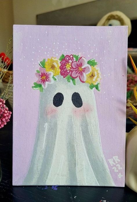 Fluffy Paint Art, Canvas Painting Aesthetic Vintage, Ghost Acrylic Painting, Hay Bale Art, Halloween Canvas Paintings, Flower Ghost, Halloween Canvas Art, Cute Easy Paintings, Famous Characters