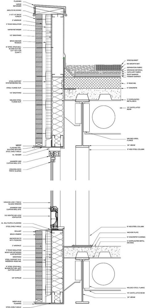 Curtain wall detail - Architecture: Wall Section Detail, Curtain Wall Detail, Fasad Design, Detail Arsitektur, Brick Cladding, Brick Detail, Window Detail, Glass Curtain Wall, Brick Veneer