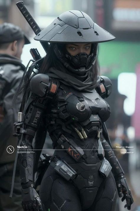 Scifi Armor Concept Art Female, Cyberpunk Assassin Character Art, Cyberpunk Character Ideas, Female Sci Fi Character Design, Futuristic Female Character Concept, Future Warrior, Cyberpunk Armor, Warrior Concept Art, Cyborgs Art