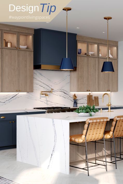 maple almond and painted navy kitchen Navy And Natural Wood Kitchen, Blue And Wood Kitchen Cabinets, Navy And Wood Kitchen, Waypoint Kitchen Cabinets, Blue And Wood Kitchen, Cabinets Gold Hardware, Navy Kitchen Cabinets, Navy Blue Kitchen Cabinets, White Wood Kitchens