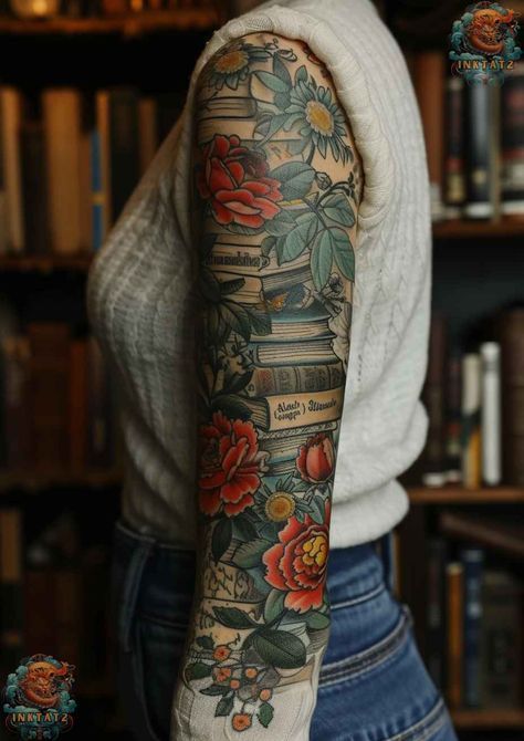 Books Sleeve Tattoo, Book And Plant Tattoo, Feminine Tattoos Sleeve Colorful, American Traditional Book Tattoo, Book And Flower Tattoo, Traditional Book Tattoo, Book Themed Tattoos, Literature Tattoos, Bookworm Tattoo