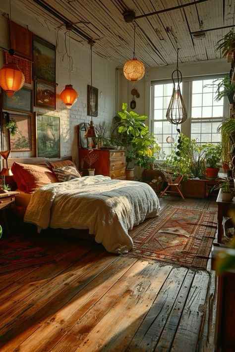 We all want to be proud of our humble abodes. But determining what color scheme and furniture best compliment a space can feel like a monstrous task when interior design just doesn’t come innately. Bedroom With Window Wall, Queer Apartment Decor, Apothecary Decor Bedroom, Eclectic Bedroom Decor Ideas, Cozy 70s Bedroom, 70s Eclectic Bedroom, Grandmacore House Bedroom, Eclectic Interior Design Bedroom, Shikibuton Bedroom