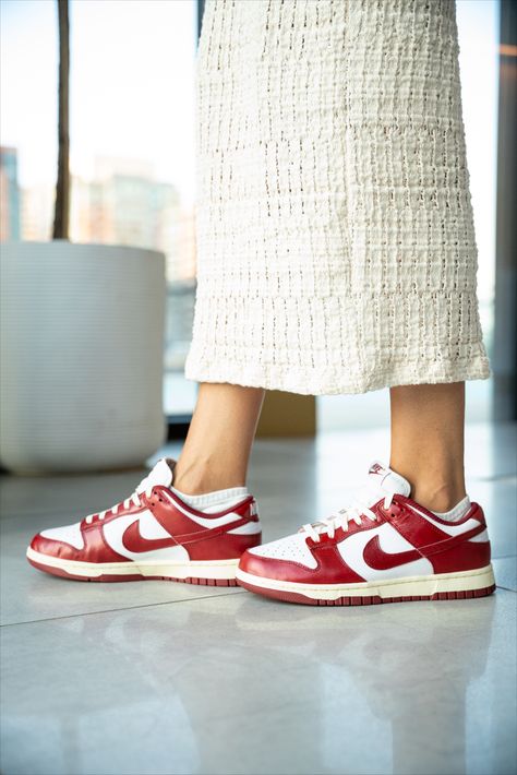 HOW TO STYLE: Dunk Low Team Red & White; see how I styled this latest vintage Dunk release with three distinct outfits.  #sneakers #pinterestfashion #pintereststyle #nike #teamredandwhite #dunklow #zara Red White Dunks Outfit, Team Red Dunks Outfit, White Dunks Outfit, Nike Dunk Low Red, White Dunks, Nike Women Outfits, Nike Dunks Low, Dunks Outfit, White Sneakers Outfit