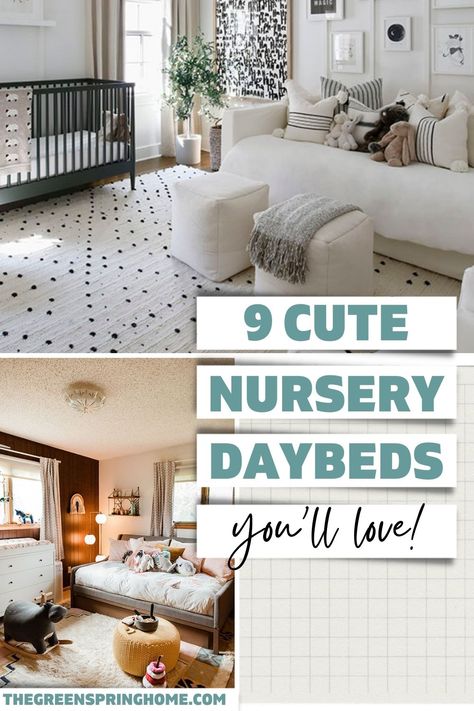 Check out these four real-life nurseries for nursery daybed layout ideas! You'll also find NINE stylish & top-rated nursery daybed ideas - with options for every budget! Nursery Queen Bed, Day Bed For Nursery, Nursery Daybed Ideas, Nursery Layout With Bed, Nurseries With Daybeds, Nursery With A Daybed, Daybed In Nursery Ideas, Daybed For Nursery, Nursery Room With Daybed