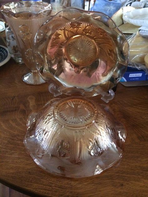 "Vintage Iridescent Carnival Glass Bowl  by Jeanette Co. in the Iris and Herringbone Pattern.  Radiant Color, shows beautifully displayed or with some fruit in it on your table. If you have a large holiday table a bowl on each side with your favorite dish in it. The Bowl  measure 9 1/2\" Across and 2 1/2\" H I have two of them." Vintage Dishes Antiques, Iris Pattern, Antique Stuff, Vintage Glassware Antiques, Carnival Glass Vintage, Sweet Charity, Vintage Flea Market, Vintage Dishware, Chicken Crafts