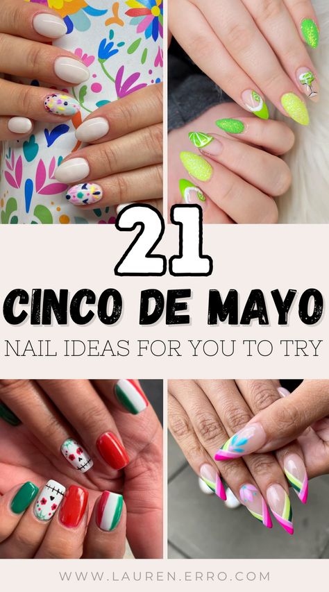 This post has a round-up of 21 Colorful Cinco De Mayo Nail Ideas. From intricate artwork to fun and whimsical designs there are so many colorful, fun, and cute nail ideas here for your Cinco De Mayo celebrations. Mexico Inspired Nails Art Designs, Mexican Nail Designs Ideas, Mexico Theme Nails, Hispanic Heritage Month Nails, Mexico Nail Art, Margarita Nails Design, Hispanic Heritage Nails, Nails Mexican Theme, Mexican Vacation Nails