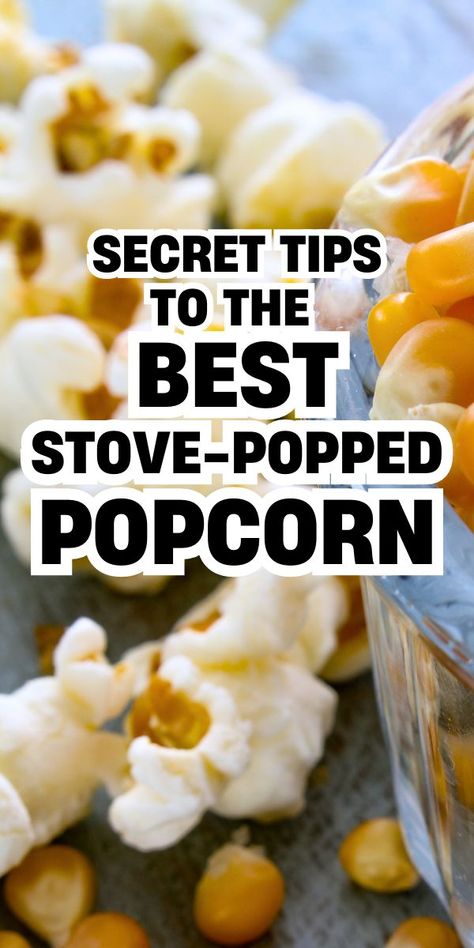 How to make perfect popcorn on the stove every time in just a few minutes (and how to make pan popcorn that won't burn!). We love this vintage recipe stovetop popcorn at our house for an easy snack! #popcornrecipe #vintagerecipe #snackideas #partyfood Make Popcorn On Stove, Butter Popcorn Recipes, Christmas Popcorn Garland, Pop Popcorn On Stove, Stove Popcorn, Movie Night Treats, Stovetop Popcorn Recipes, Popcorn On The Stove, Cooking Popcorn